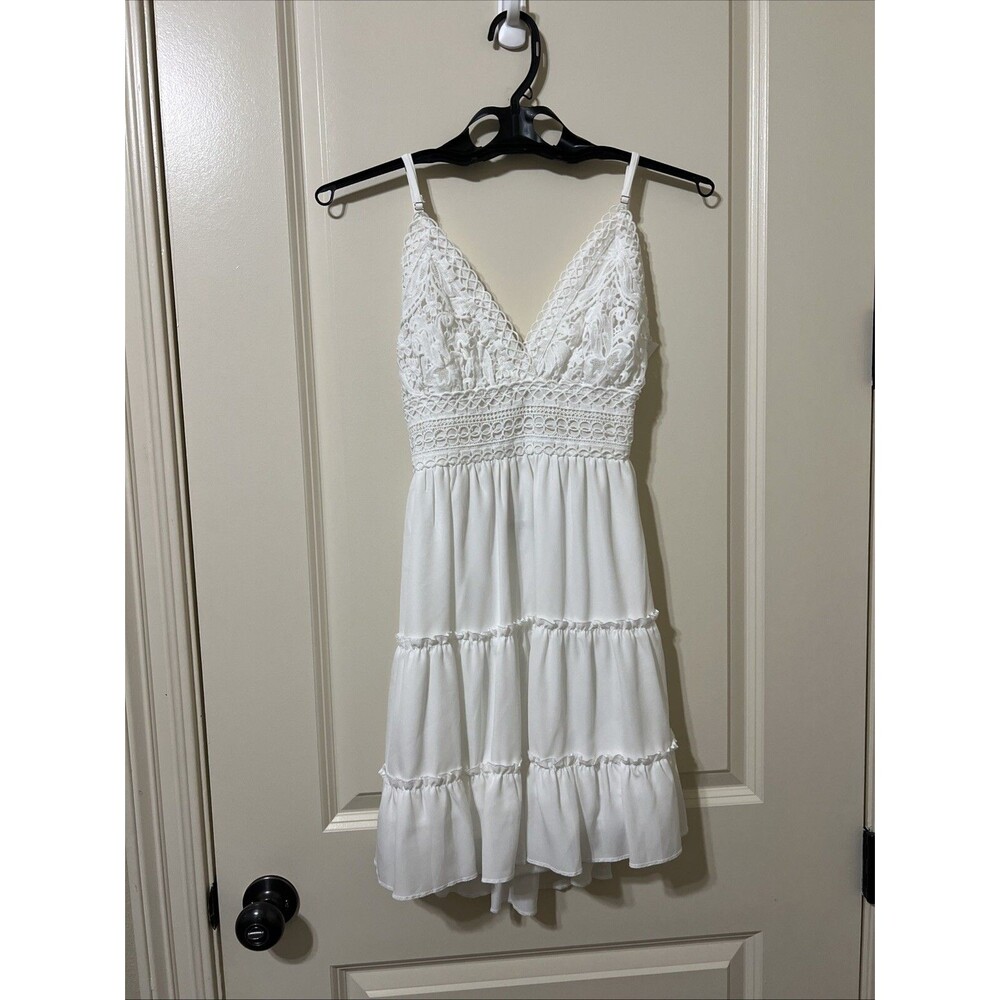 ECOWISH Dress Small Spaghetti Strap Bowknot Lace Open Back Crochet Mini Boho